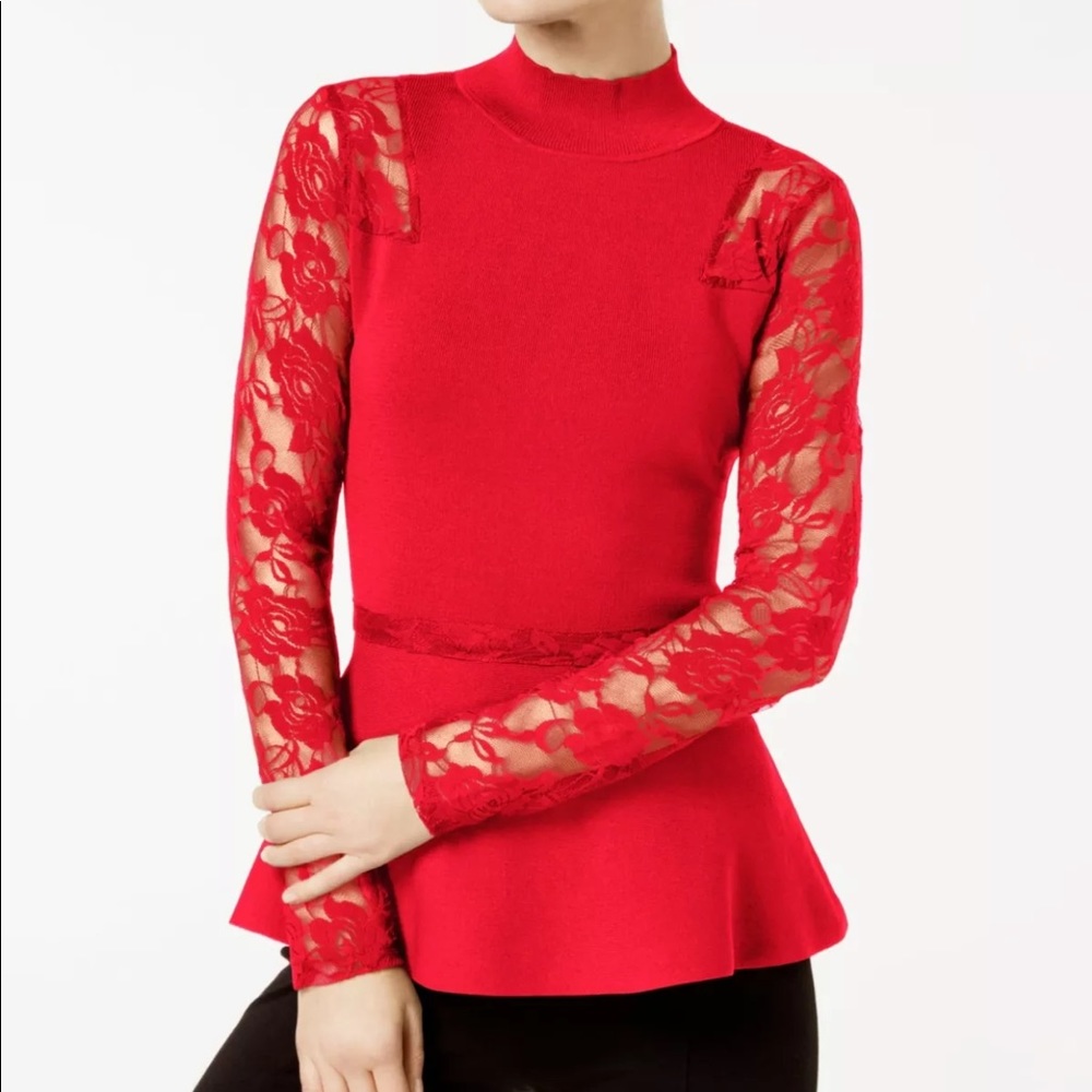 INC Womens Red Floral Long Sleeve Turtle Neck Top